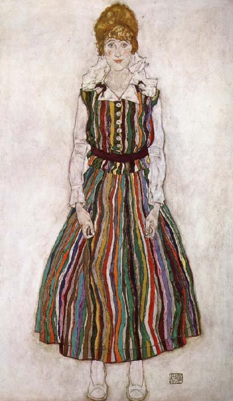  Portrait of Edith Schiele in a Striped Dress